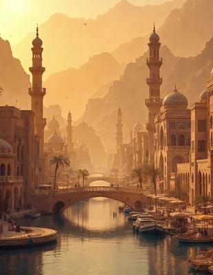 The primary subject of the image is a beautiful city with a large bridge over a river. The city is filled with tall buildings, including a mosque, and features a picturesque waterway. The setting is a vibrant and bustling urban environment, with people walking around and enjoying the view. The visual style of the image is a combination of photo and digital art, creating a realistic yet artistic representation of the city. The colors and mood of the image are warm and inviting, with the sunlight reflecting